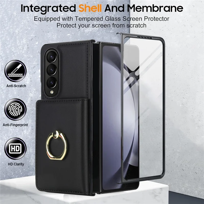 Funda tipo cartera con soporte de anillo para Samsung Galaxy Z Fold3 5G, carcasa abatible de PC y PU con protector de pantalla HD - Negro