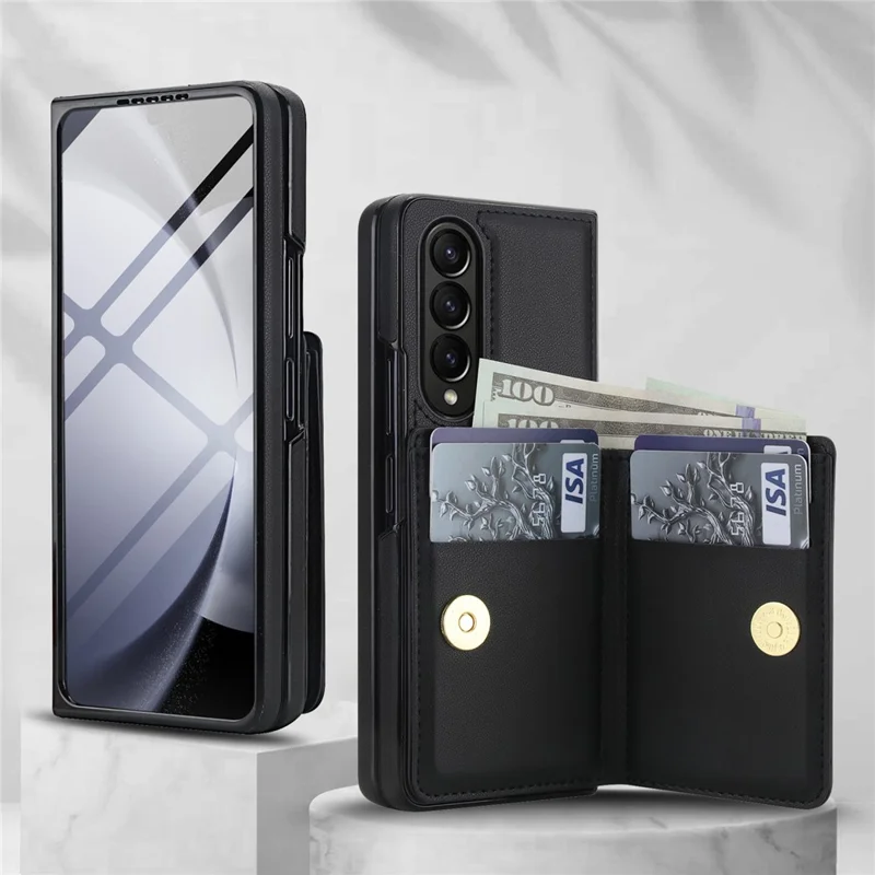 Funda tipo cartera con soporte de anillo para Samsung Galaxy Z Fold3 5G, carcasa abatible de PC y PU con protector de pantalla HD - Negro
