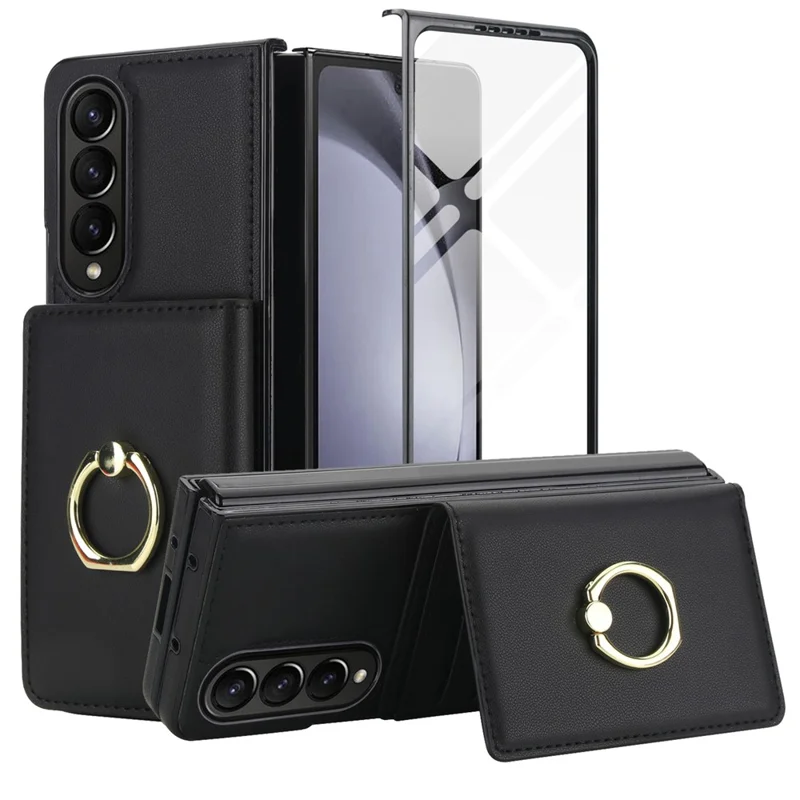 Funda tipo cartera con soporte de anillo para Samsung Galaxy Z Fold3 5G, carcasa abatible de PC y PU con protector de pantalla HD - Negro