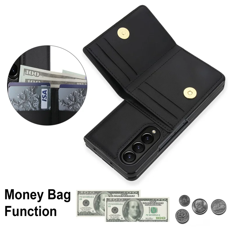 Funda tipo cartera con soporte de anillo para Samsung Galaxy Z Fold3 5G, carcasa abatible de PC y PU con protector de pantalla HD - Negro