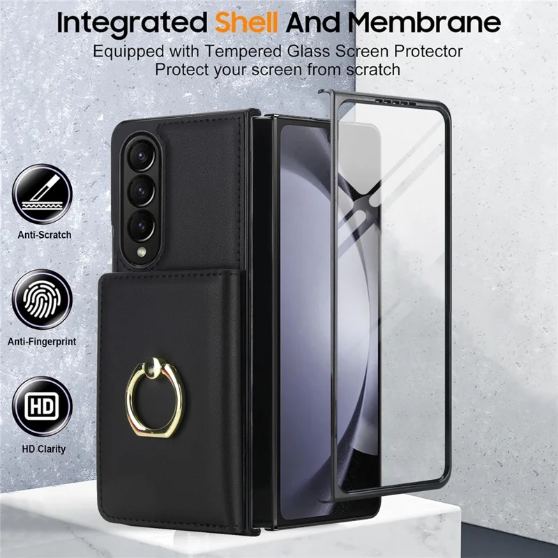 Funda tipo cartera con soporte de anillo para Samsung Galaxy Z Fold4 5G, carcasa abatible de PC y PU con protector de pantalla HD - Negro