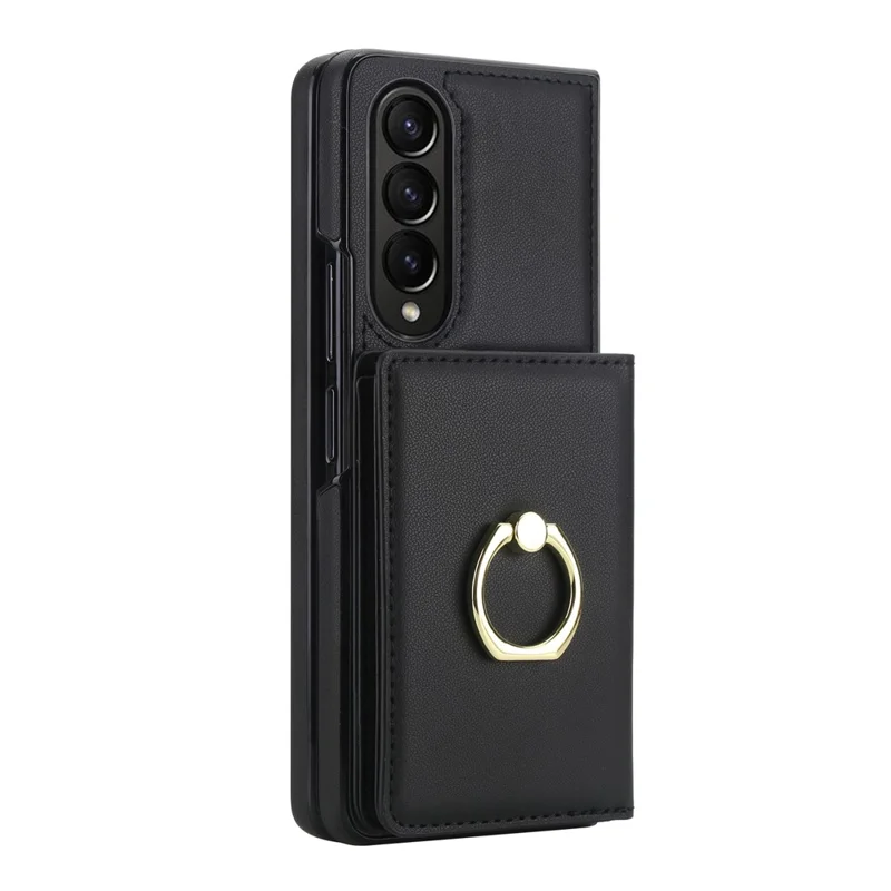 Funda tipo cartera con soporte de anillo para Samsung Galaxy Z Fold4 5G, carcasa abatible de PC y PU con protector de pantalla HD - Negro