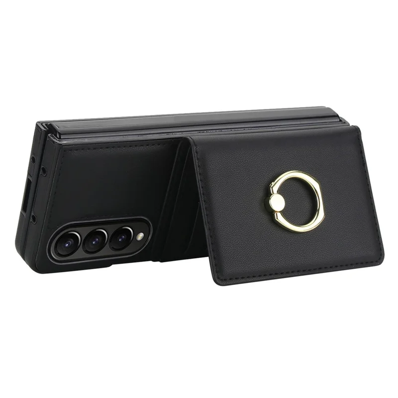 Funda tipo cartera con soporte de anillo para Samsung Galaxy Z Fold4 5G, carcasa abatible de PC y PU con protector de pantalla HD - Negro