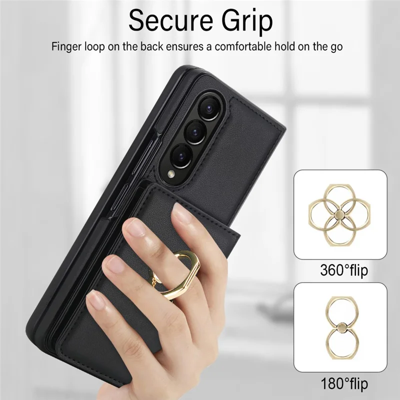 Funda tipo cartera con soporte de anillo para Samsung Galaxy Z Fold4 5G, carcasa abatible de PC y PU con protector de pantalla HD - Negro