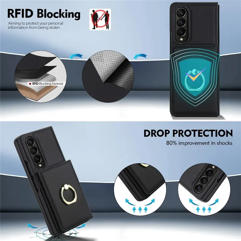Funda tipo cartera con soporte de anillo para Samsung Galaxy Z Fold4 5G, carcasa abatible de PC y PU con protector de pantalla HD - Negro