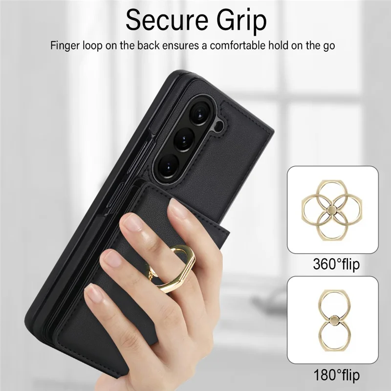 Für Samsung Galaxy Z Fold5 5G Brieftaschenhülle mit Ringhalter PC PU Klapphülle mit HD-Bildschirmschutzfolie - Schwarz