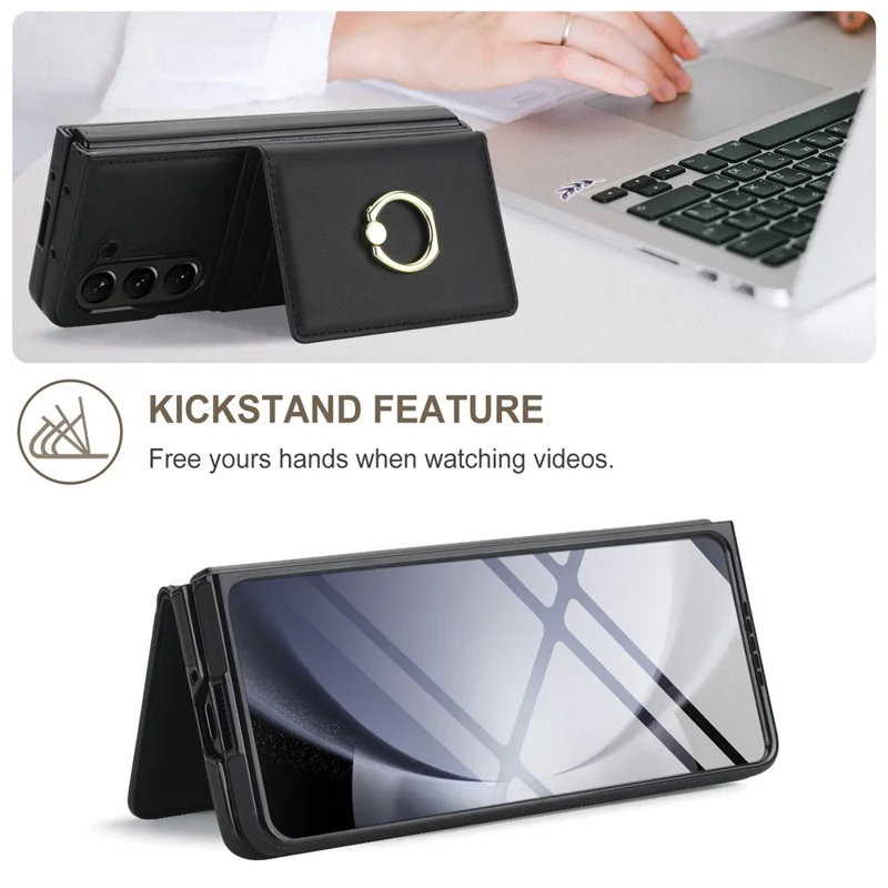 Für Samsung Galaxy Z Fold5 5G Brieftaschenhülle mit Ringhalter PC PU Klapphülle mit HD-Bildschirmschutzfolie - Schwarz
