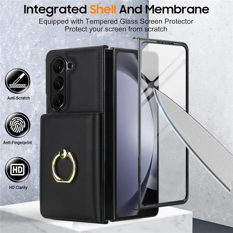 For Samsung Galaxy Z Fold6 5G Wallet Case Ring Holder PC PU Flip Phone Cover with HD Screen Protector - Black
