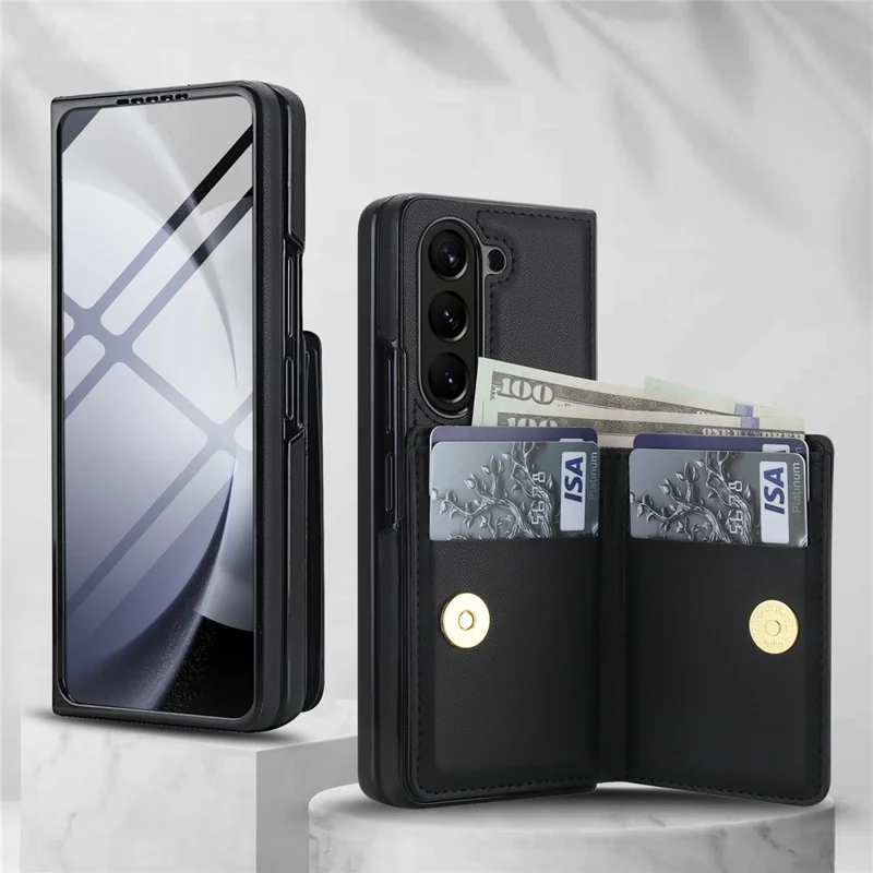 For Samsung Galaxy Z Fold6 5G Wallet Case Ring Holder PC PU Flip Phone Cover with HD Screen Protector - Black
