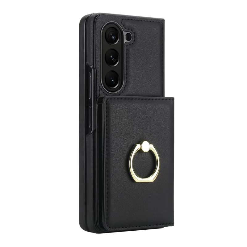 For Samsung Galaxy Z Fold6 5G Wallet Case Ring Holder PC PU Flip Phone Cover with HD Screen Protector - Black