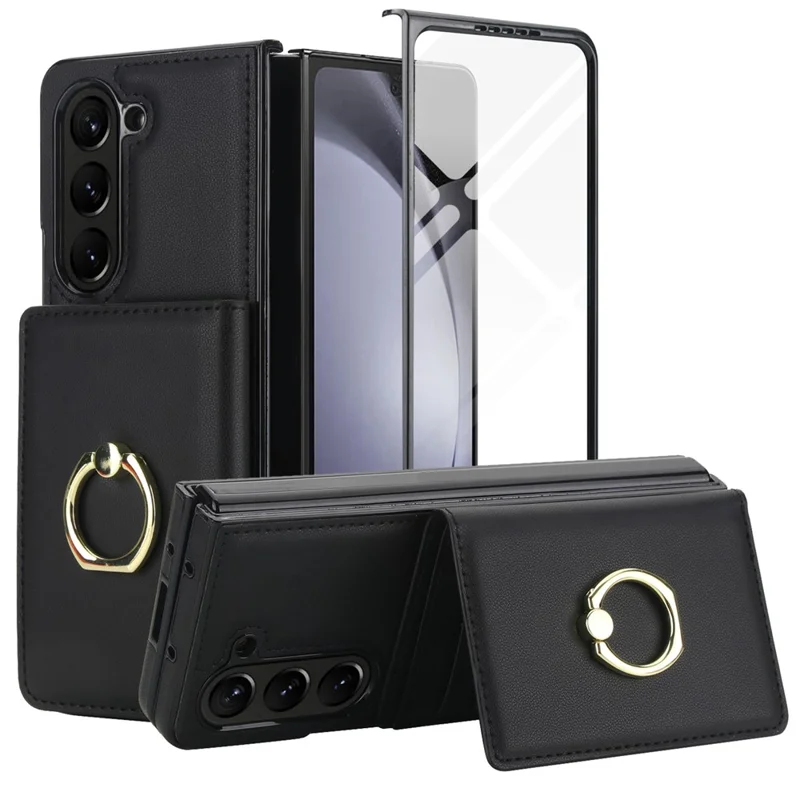 For Samsung Galaxy Z Fold6 5G Wallet Case Ring Holder PC PU Flip Phone Cover with HD Screen Protector - Black