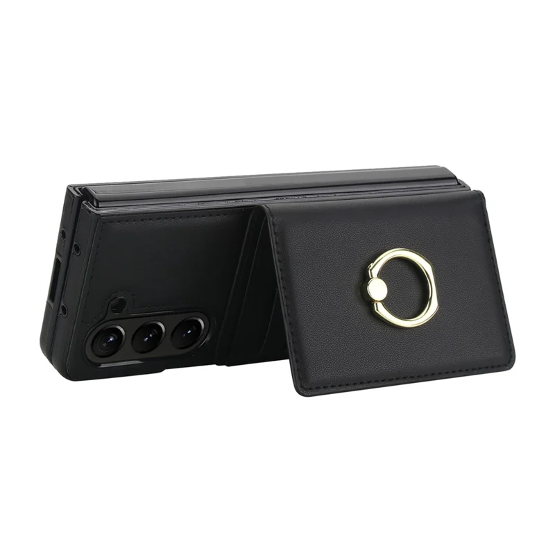 For Samsung Galaxy Z Fold6 5G Wallet Case Ring Holder PC PU Flip Phone Cover with HD Screen Protector - Black
