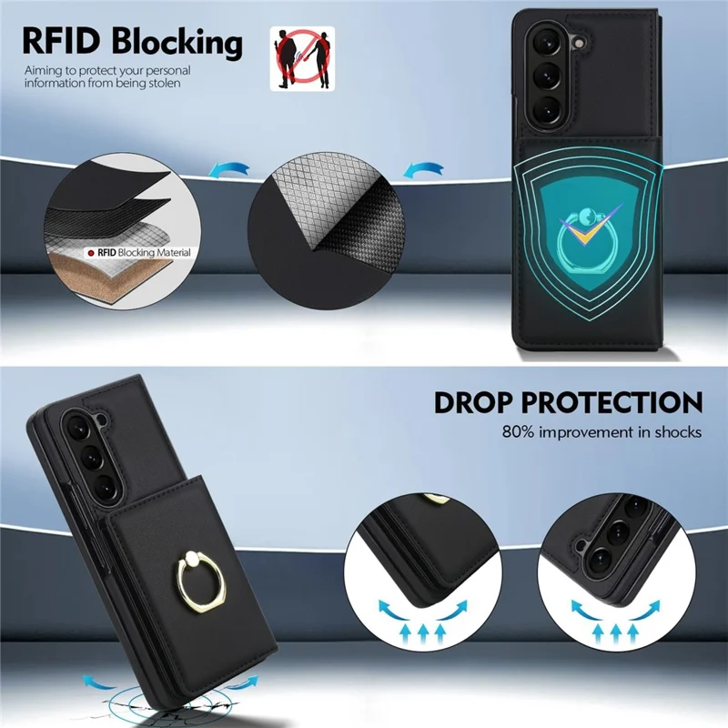 For Samsung Galaxy Z Fold6 5G Wallet Case Ring Holder PC PU Flip Phone Cover with HD Screen Protector - Black