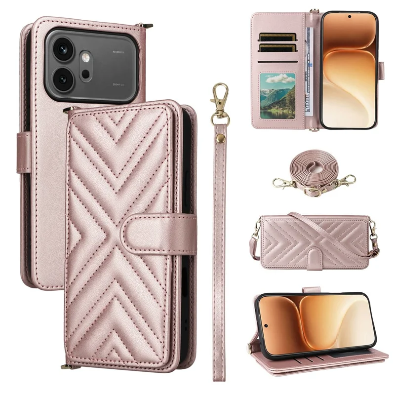 For Honor 600 5G  /  600 Pro 5G Leather Case Stand Wallet Phone Cover with Shoulder  /  Wrist Strap - Pink