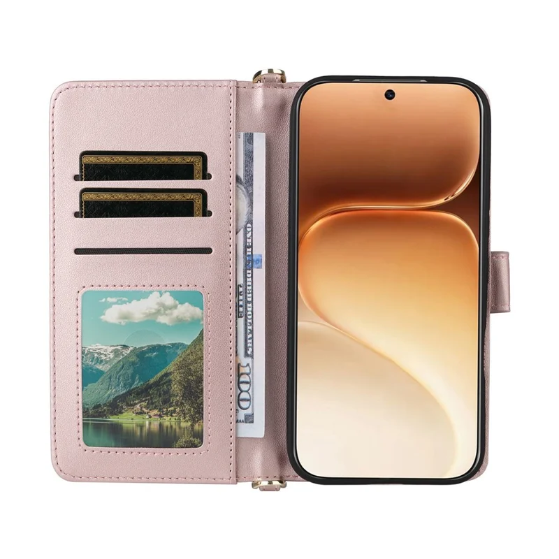 For Honor 600 5G  /  600 Pro 5G Leather Case Stand Wallet Phone Cover with Shoulder  /  Wrist Strap - Pink