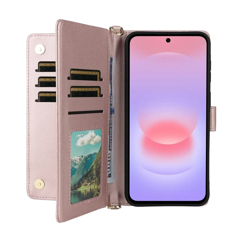 Cover in pelle con supporto e portafoglio per Samsung Galaxy A57 5G, custodia con tracolla e cinturino da polso - Rosa