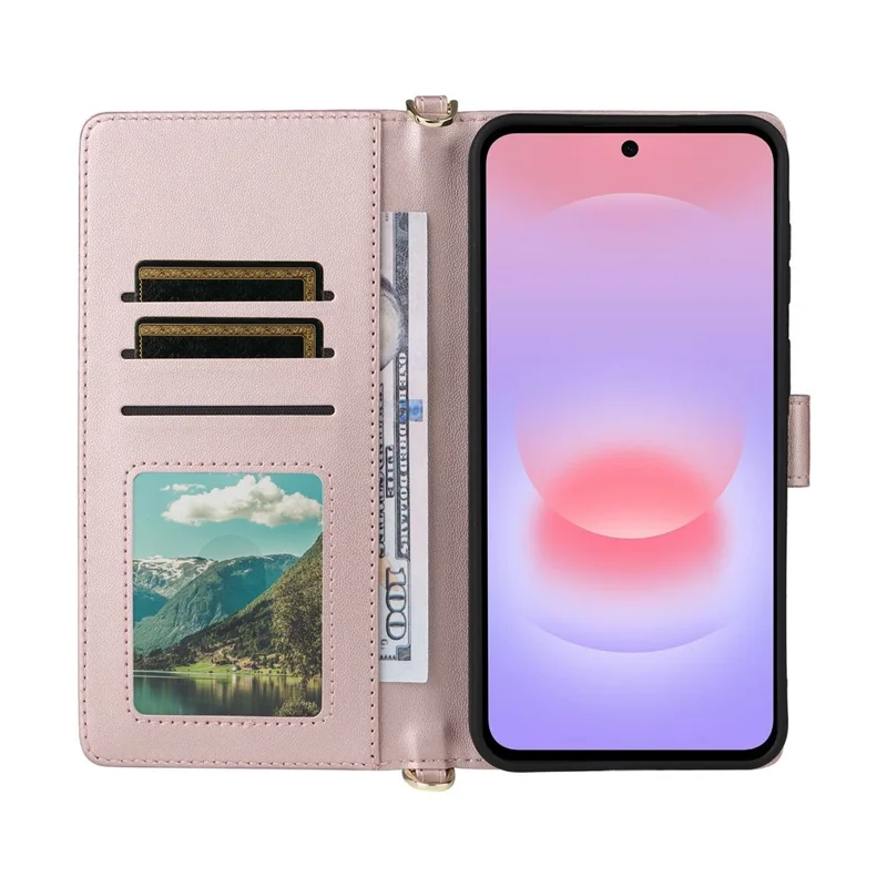 Cover in pelle con supporto e portafoglio per Samsung Galaxy A57 5G, custodia con tracolla e cinturino da polso - Rosa