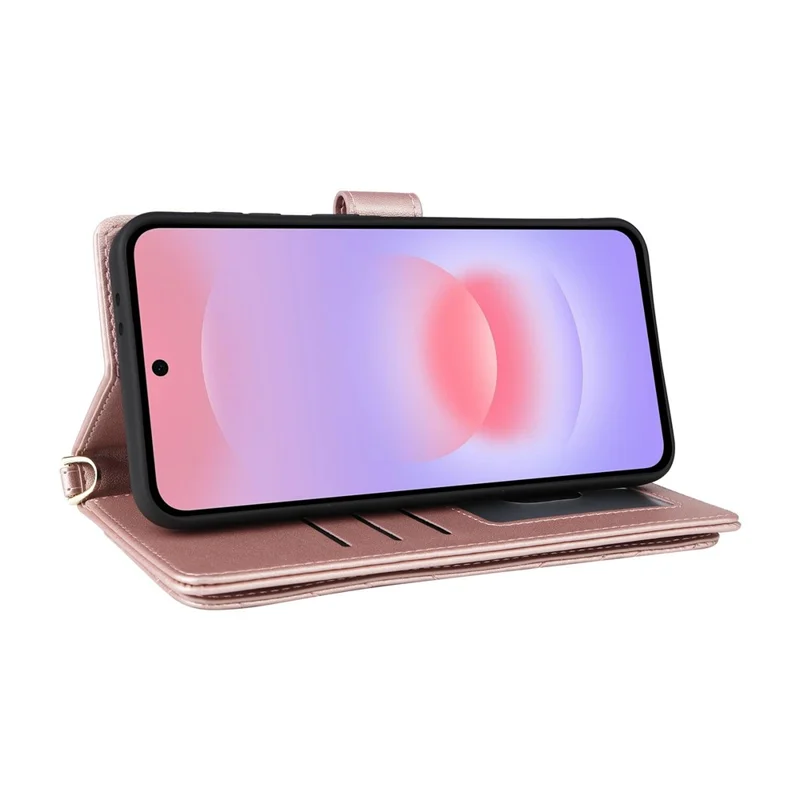 Cover in pelle con supporto e portafoglio per Samsung Galaxy A57 5G, custodia con tracolla e cinturino da polso - Rosa