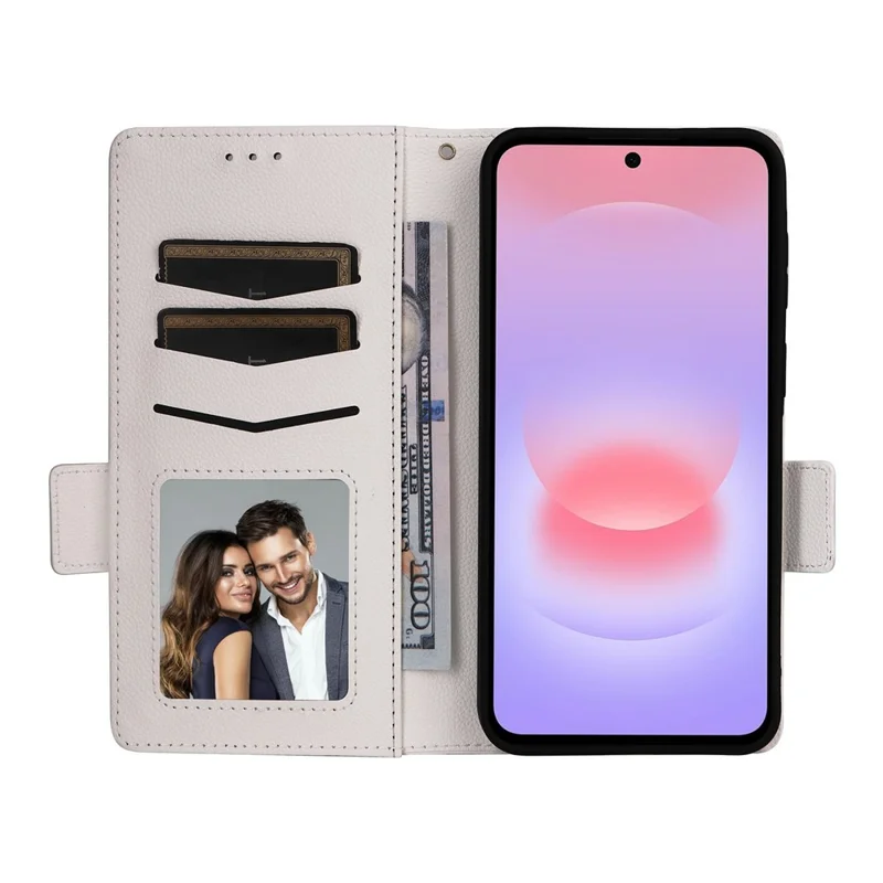 Samsung Galaxy A57 5G-hoesje met lycheestructuur, portemonnee, lederen telefoonhoes met polsbandje - Wit