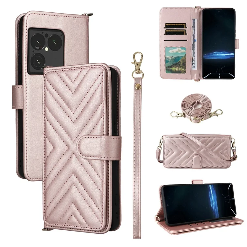 Étui en cuir pour Sony Xperia 1 VIII, étui à rabat avec support, portefeuille et sangle d'épaule / poignet - Rose