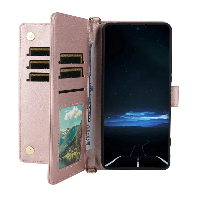 Étui en cuir pour Sony Xperia 1 VIII, étui à rabat avec support, portefeuille et sangle d'épaule / poignet - Rose