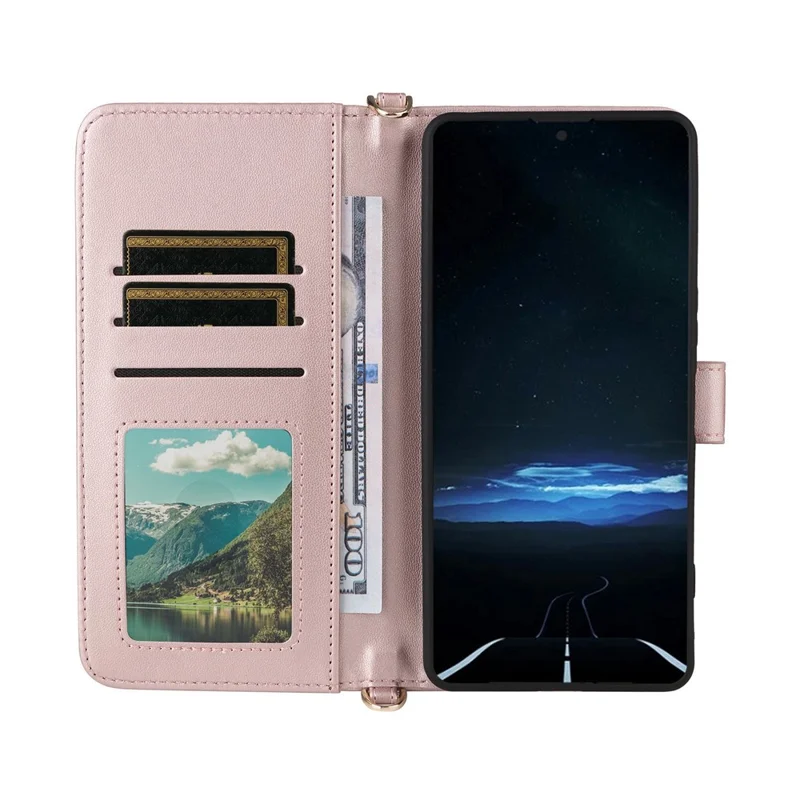 Étui en cuir pour Sony Xperia 1 VIII, étui à rabat avec support, portefeuille et sangle d'épaule / poignet - Rose