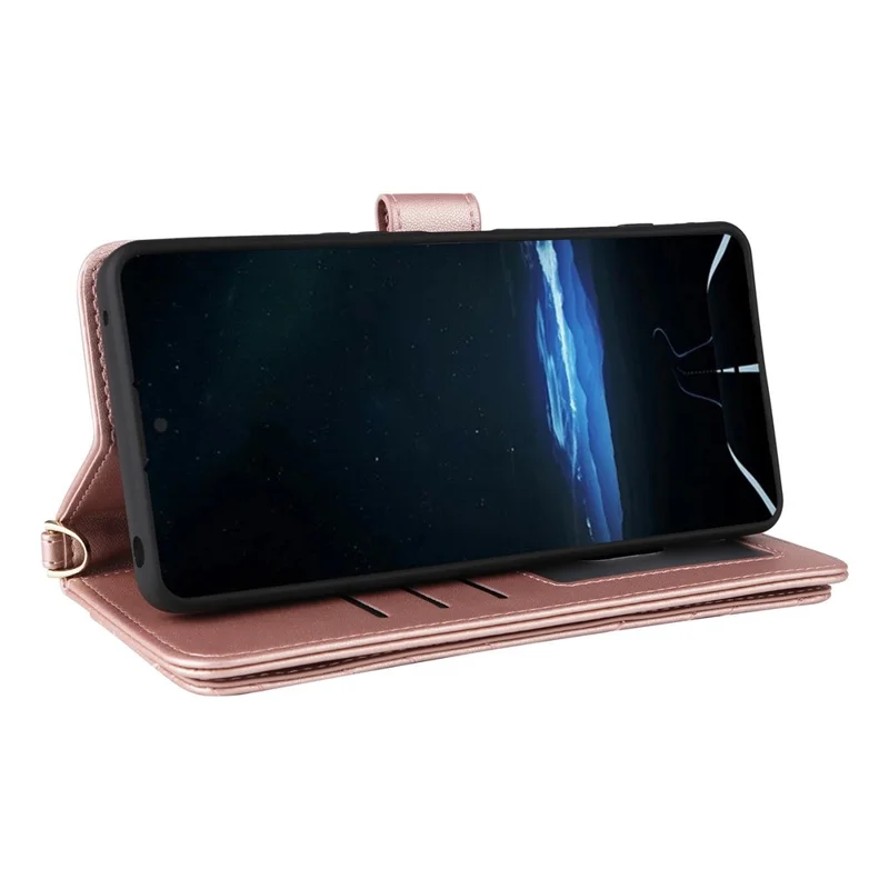 Étui en cuir pour Sony Xperia 1 VIII, étui à rabat avec support, portefeuille et sangle d'épaule / poignet - Rose