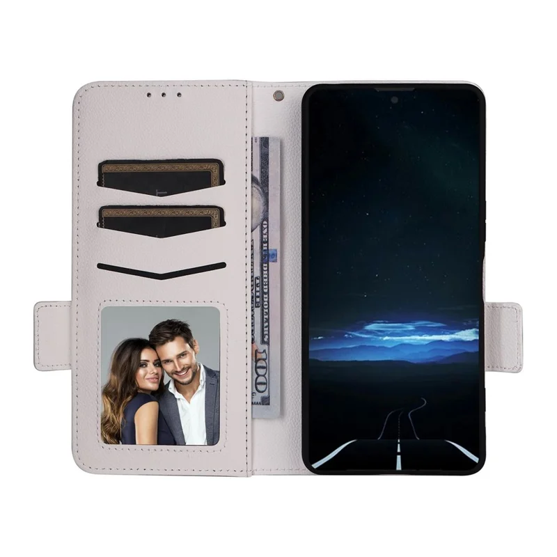 Cover per Sony Xperia 1 VIII con Portafoglio in Pelle Effetto Litchi con Cinturino da Polso - Bianco