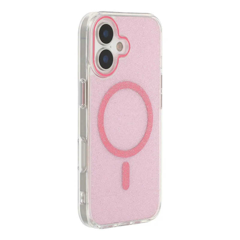 Coque magnétique pour iPhone 17, coque de protection transparente PC TPU avec paillettes - Rose