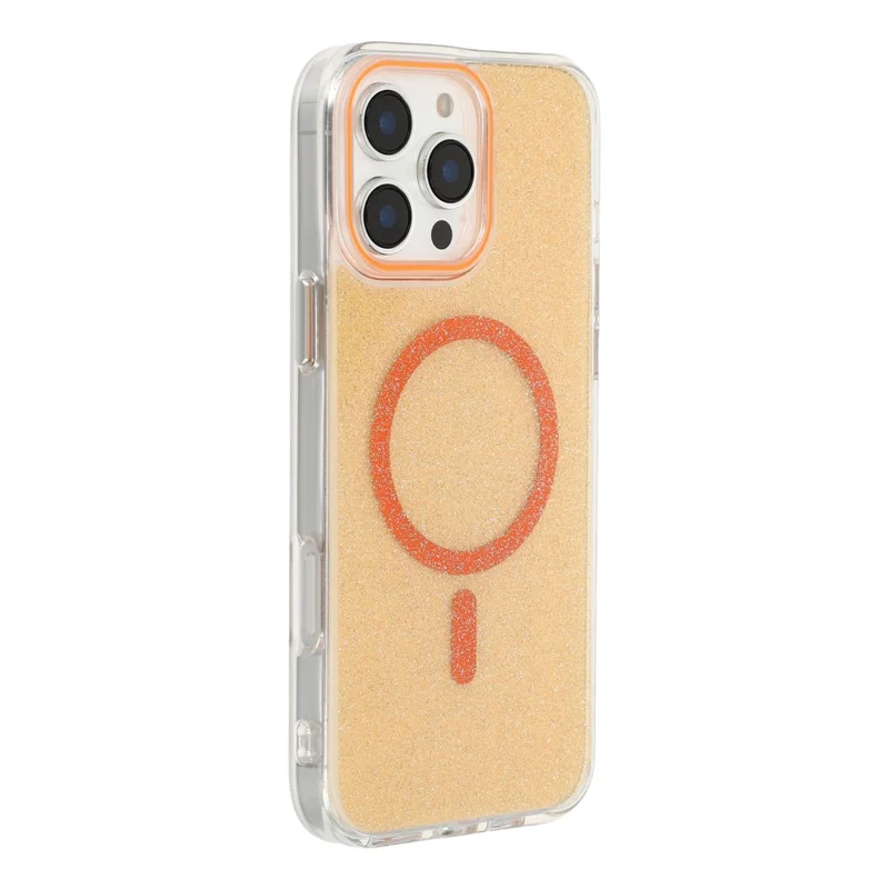 For iPhone 16 Pro Max Magnetic Case Glitter Clear PC TPU Protective Cover - Orange