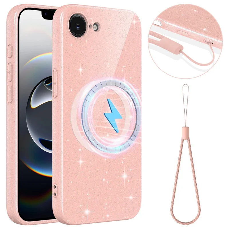 Capa Magnética para iPhone 16e / 17e, Capa Brilhante em TPU Resistente a Choques com Cordão - Rosa