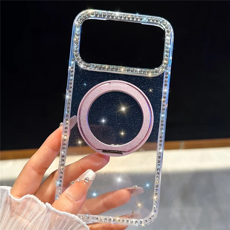 For iPhone 17 Pro Max Case Rhinestone Edge Glitter TPU + PC IMD Phone Cover with 360° Magnetic Ring Stand - Glitter Transparent