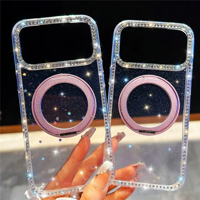For iPhone 17 Pro Max Case Rhinestone Edge Glitter TPU + PC IMD Phone Cover with 360° Magnetic Ring Stand - Glitter Transparent