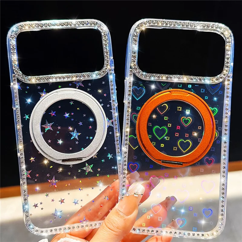 For iPhone 17 Pro Max Case Rhinestone Edge Glitter TPU + PC IMD Phone Cover with 360° Magnetic Ring Stand - Glitter Transparent