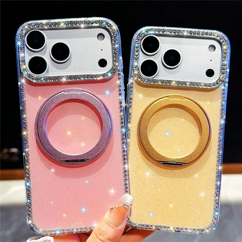 For iPhone 17 Pro Max Case Rhinestone Edge Glitter TPU + PC IMD Phone Cover with 360° Magnetic Ring Stand - Glitter Transparent