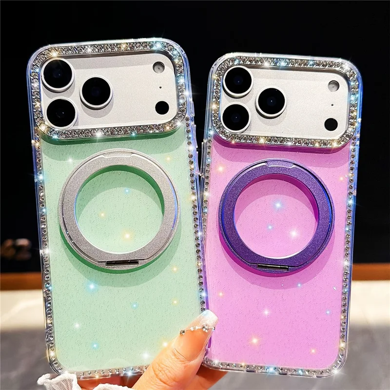 For iPhone 17 Pro Max Case Rhinestone Edge Glitter TPU + PC IMD Phone Cover with 360° Magnetic Ring Stand - Glitter Transparent