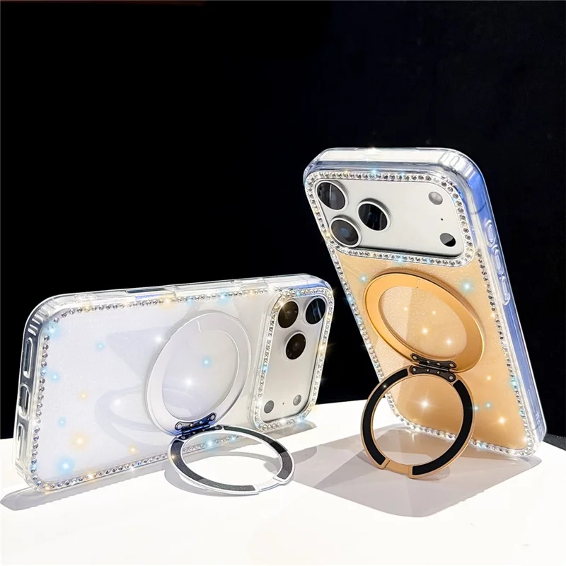 For iPhone 17 Pro Max Case Rhinestone Edge Glitter TPU + PC IMD Phone Cover with 360° Magnetic Ring Stand - Glitter Transparent