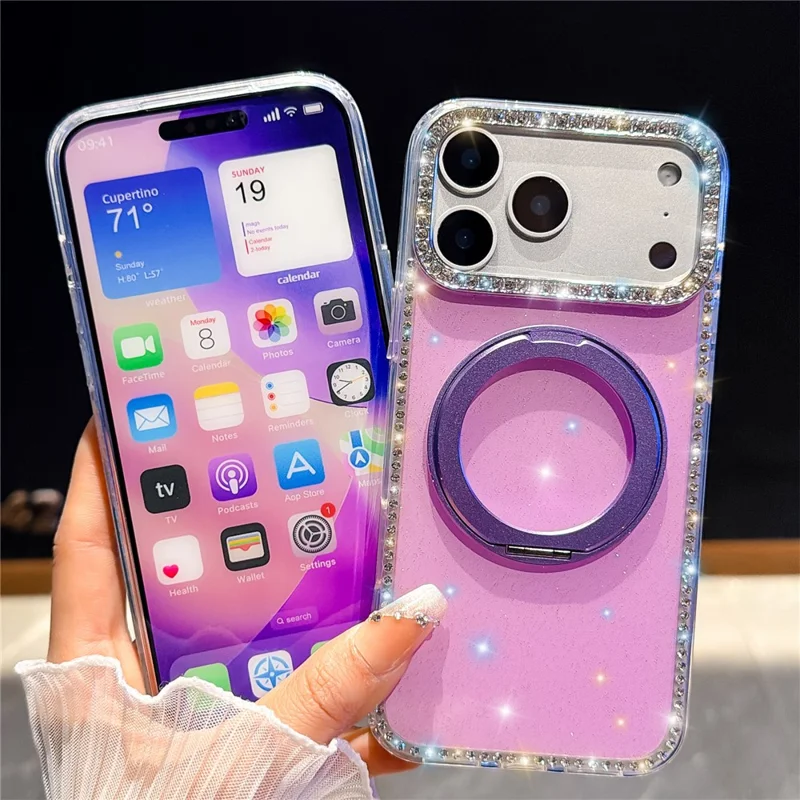 For iPhone 17 Pro Max Case Rhinestone Edge Glitter TPU + PC IMD Phone Cover with 360° Magnetic Ring Stand - Glitter Transparent