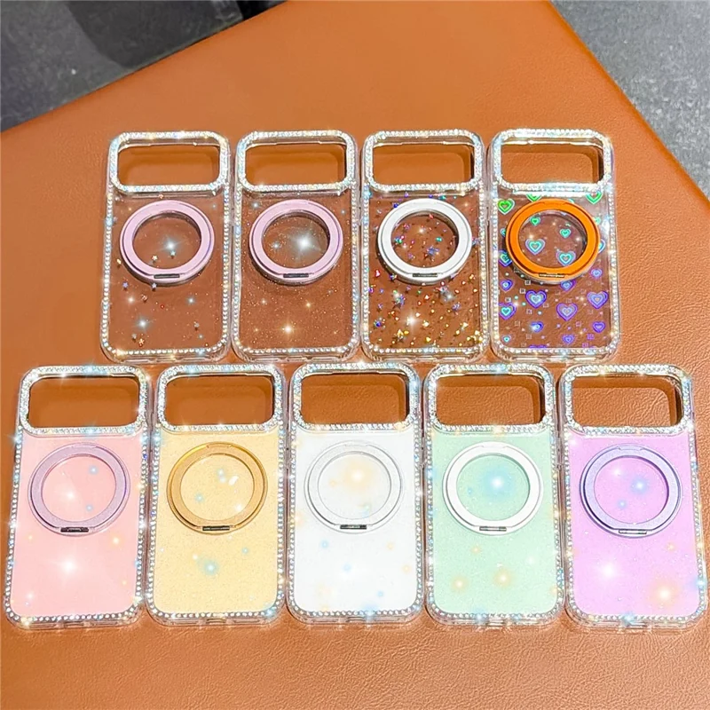 For iPhone 17 Pro Max Case Rhinestone Edge Glitter TPU + PC IMD Phone Cover with 360° Magnetic Ring Stand - Glitter Transparent
