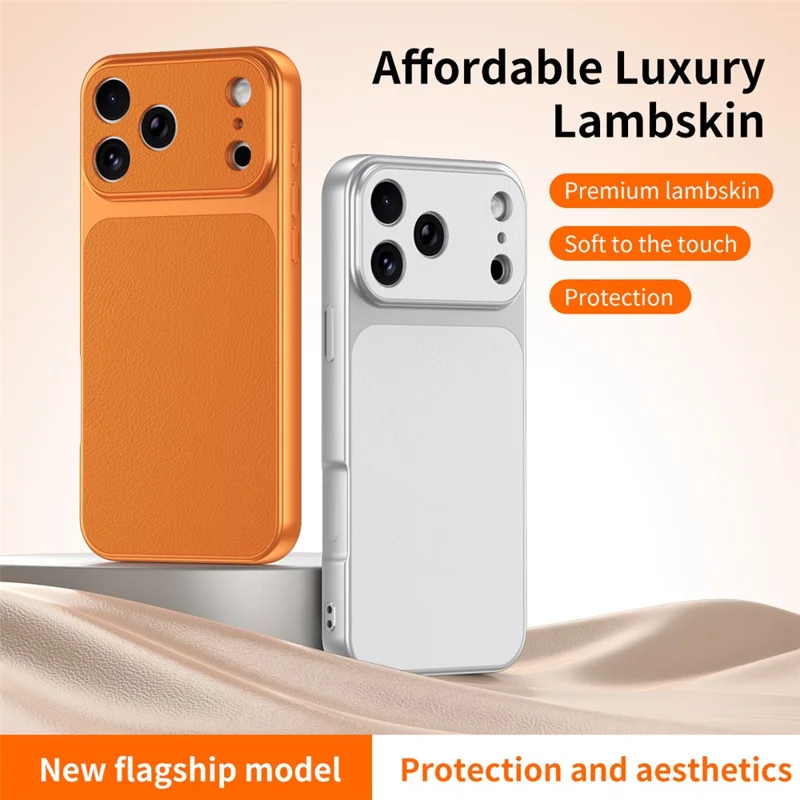 Funda para iPhone 17 Pro, Funda Protectora Antigolpes de Textura de Piel de Cordero, PC, TPU, Cuero PU - Naranja