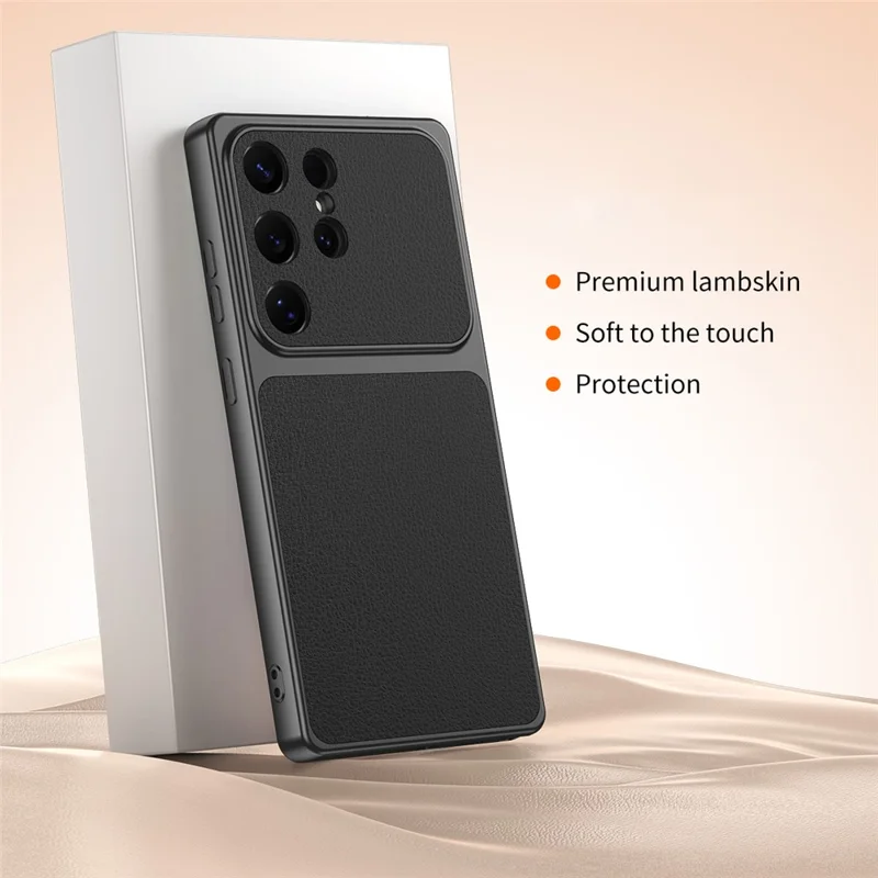 Capa de Telemóvel para Samsung Galaxy S25 Ultra, Textura em Pele de Cordeiro, PC TPU PU, Couro Sintético, Capa Protetora à Prova de Choque - Preto
