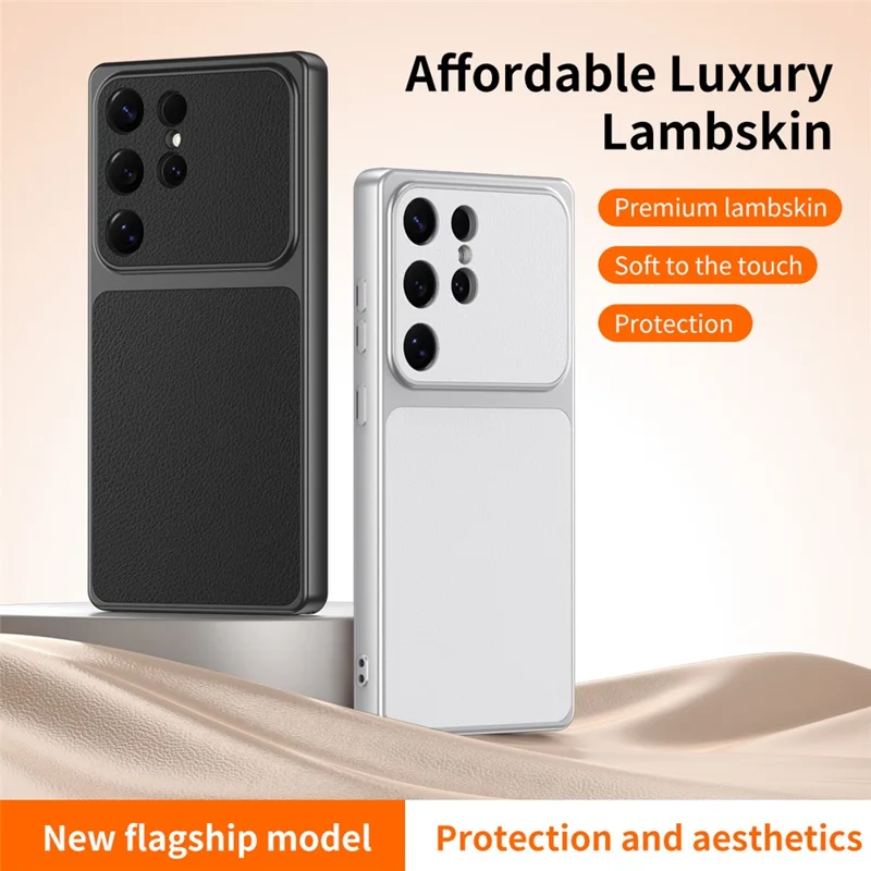 Capa de Telemóvel para Samsung Galaxy S25 Ultra, Textura em Pele de Cordeiro, PC TPU PU, Couro Sintético, Capa Protetora à Prova de Choque - Preto