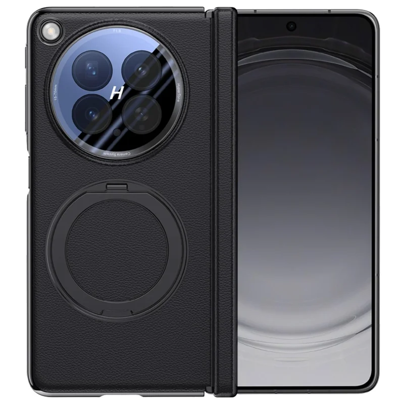 For Oppo Find N6 5G Magnetic Case with Tempered Glass Lens Protector 360° Rotating Ring Kickstand Protective Cover - Black