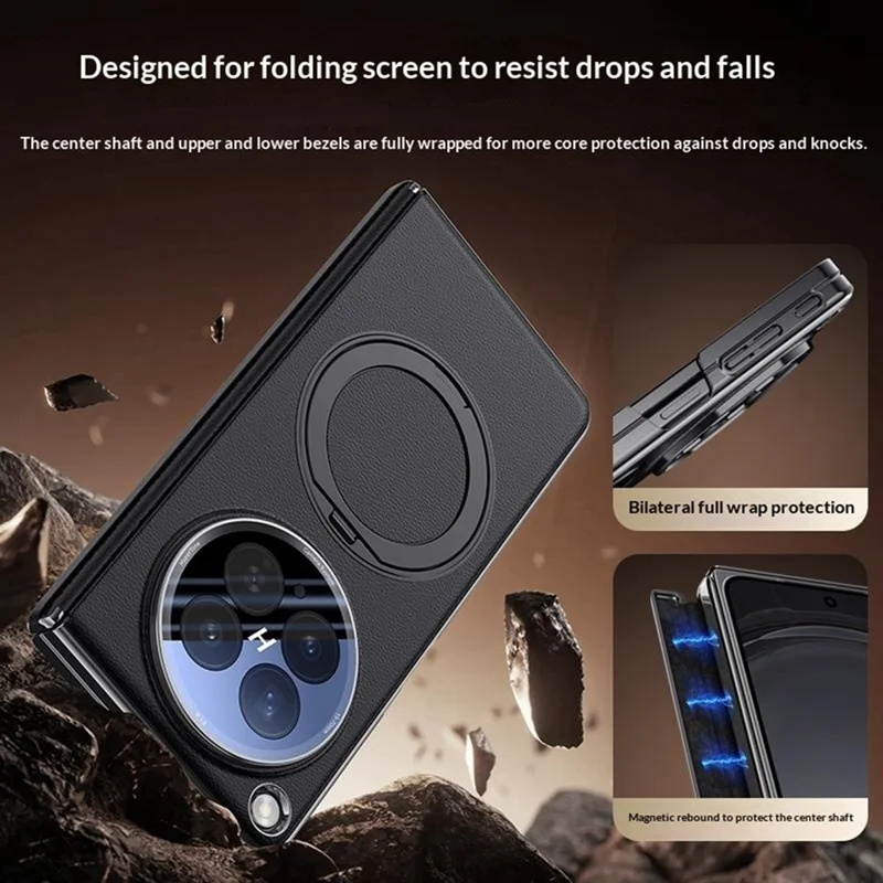 For Oppo Find N6 5G Magnetic Case with Tempered Glass Lens Protector 360° Rotating Ring Kickstand Protective Cover - Black