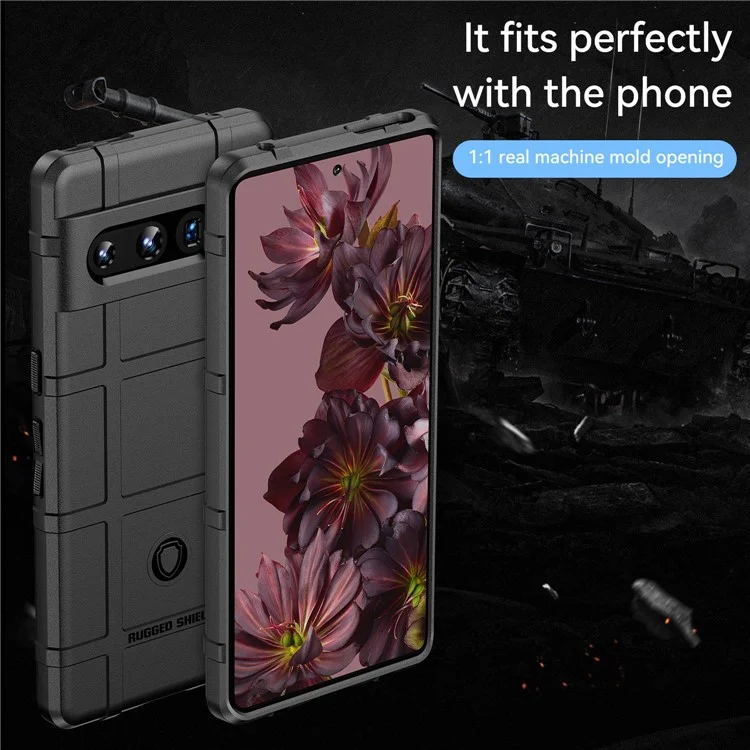 For Google Pixel 7 Pro 5G Rugged Square Grid Texture TPU Cover Shockproof Protective Phone Case - Black