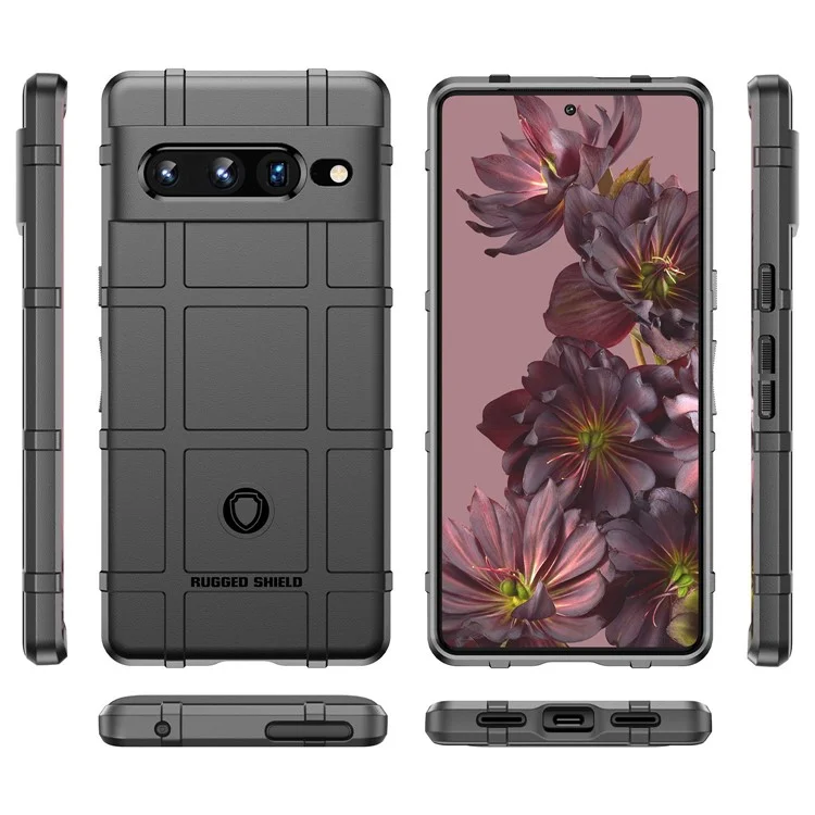 For Google Pixel 7 Pro 5G Rugged Square Grid Texture TPU Cover Shockproof Protective Phone Case - Black