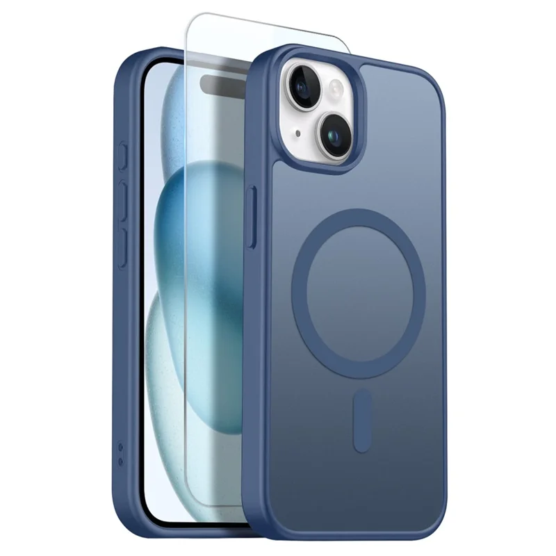 NORTHJO For iPhone 15 Case Compatible with MagSafe Translucent Matte Shockproof Phone Cover with Tempered Glass Film - Blue