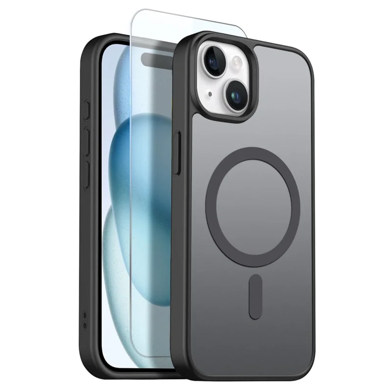 NORTHJO For iPhone 15 Plus Case Compatible with MagSafe Translucent Matte Shockproof Phone Cover with Tempered Glass Film - Black