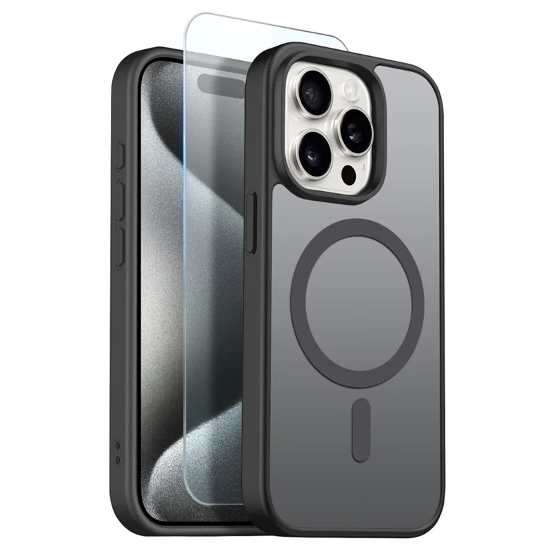 NORTHJO For iPhone 15 Pro Max Case Compatible with MagSafe Translucent Matte Shockproof Phone Cover with Tempered Glass Film - Black