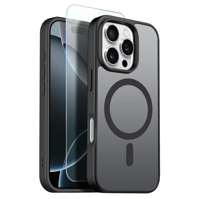 NORTHJO For iPhone 16 Pro Max Case Compatible with MagSafe Translucent Matte Shockproof Phone Cover with Tempered Glass Film - Black